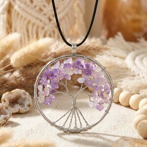 Boho Chic Tree Of Life Necklace Genuine Amethyst Crystals Silver Plated Charm